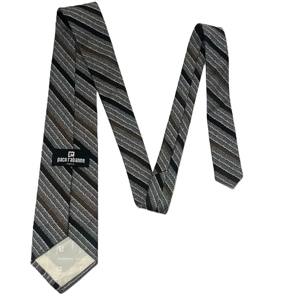 Paco Rabanne Paris Men’s Designer Tie Gray Black Striped Vintage Retro‎ Necktie